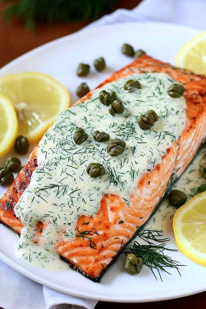 Serve Keto Baked Salmon with Creamy Dill Sauce